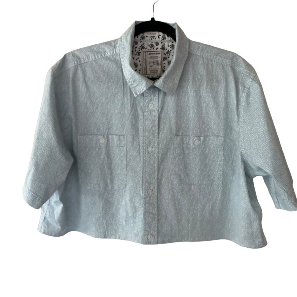 Cropped Alexander Julian Short Sleeve Button Up Shirt XL Abstract Aqua Print 90s